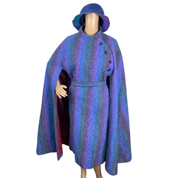 Vtg Jimmy Hourihan Ireland Striped Artsy Lagenlook Tweed Cape With Belt + Hat - Picture 1 of 15